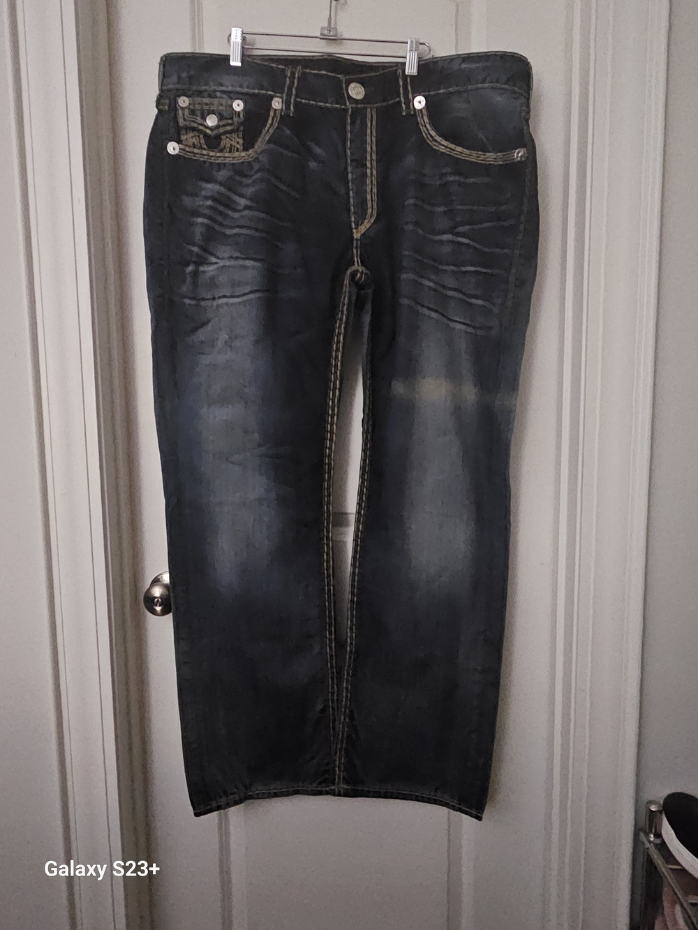True Religion Men's Dark Blue Washed Straight Jeans